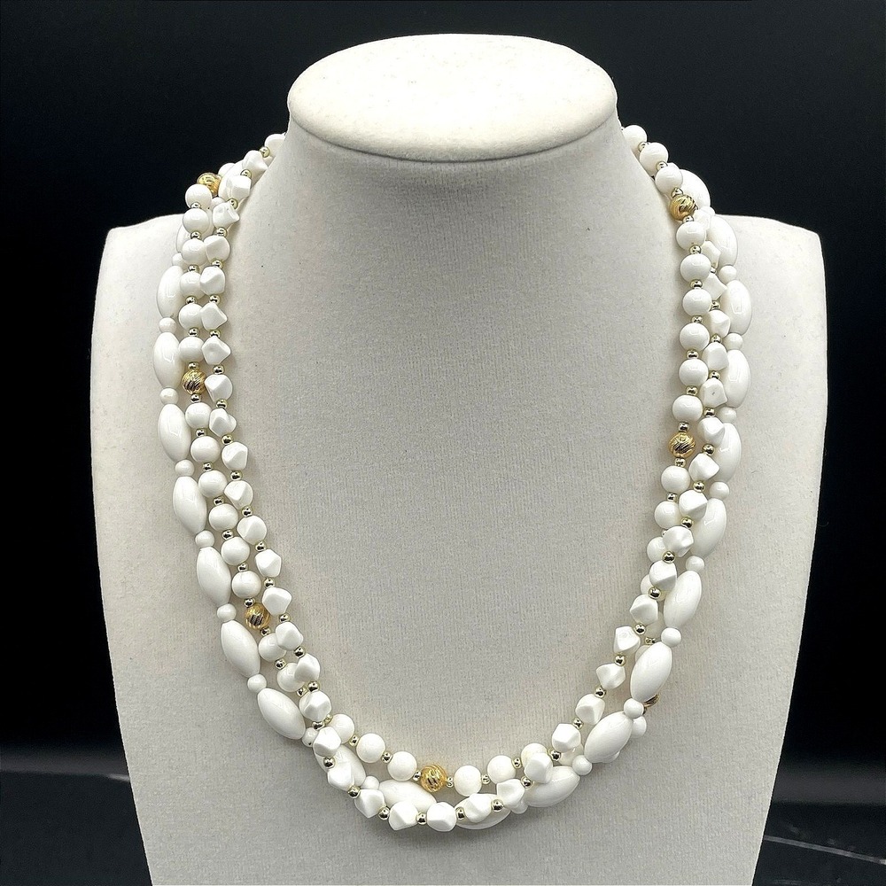 Vintage White Multi Strand Plastic Bead Necklace Gold Tone Accents Choker 16"